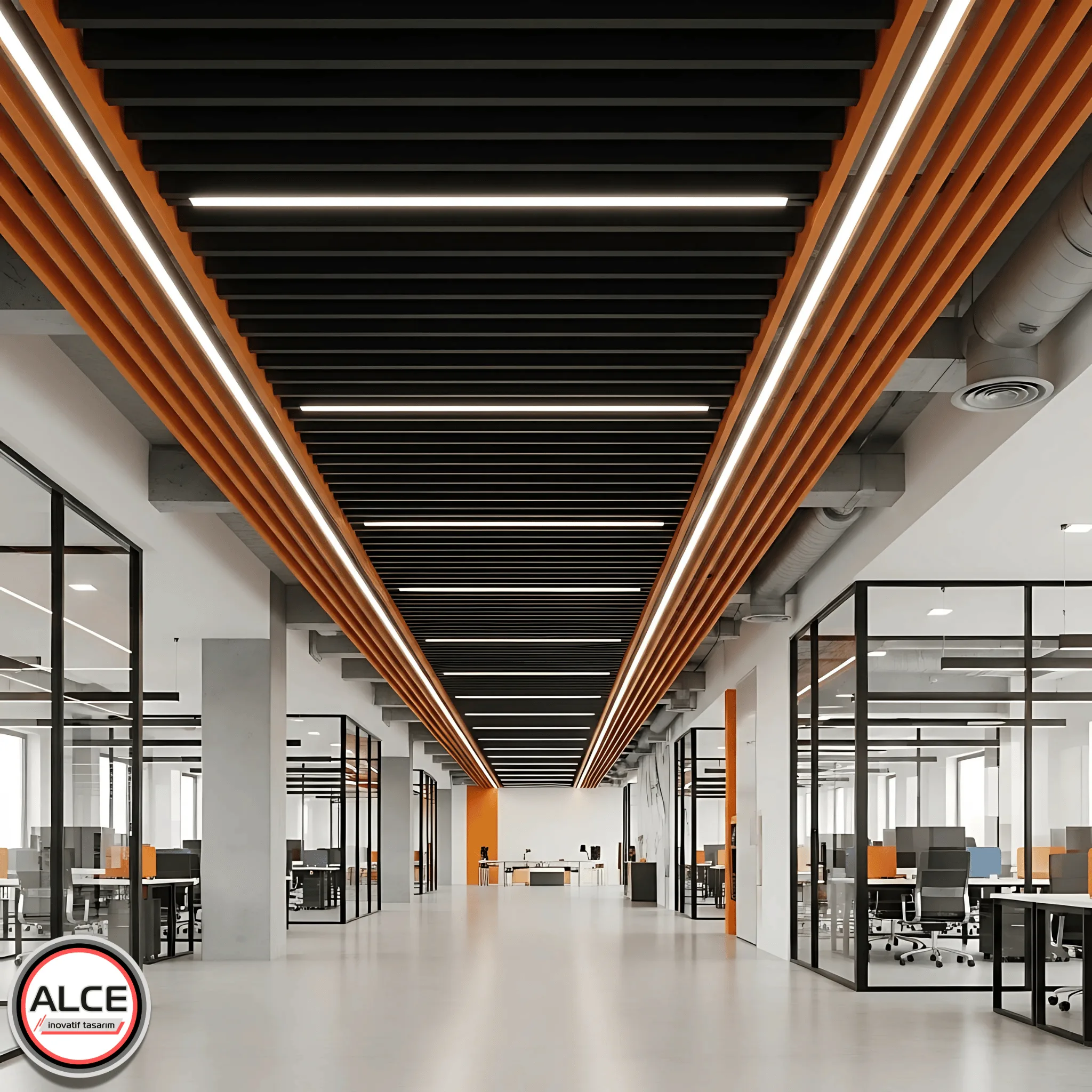 Metal Baffle Asma Tavan Aluminyum Siyah Ahsap Gorunumlu Lineer LED Aydinlatma Modern Ofis Alce Inovatif Tasarim